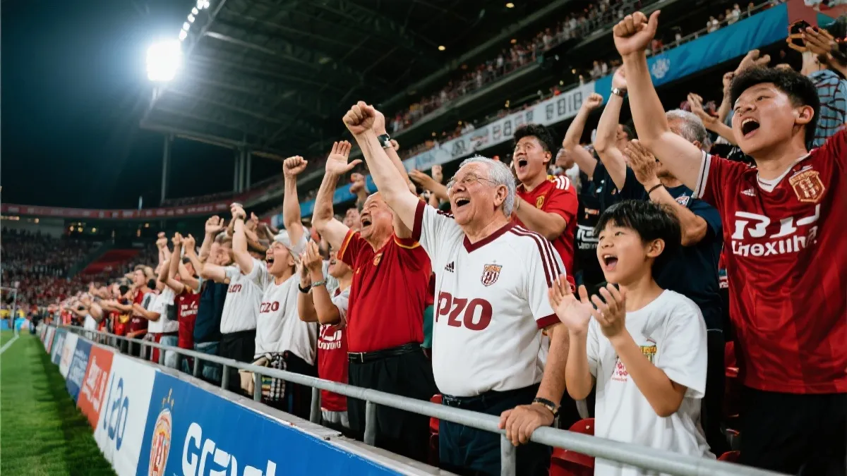 球迷在看台上为老将与新星同时欢呼的场景