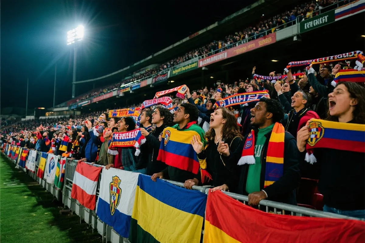 球场看台上多国球迷合唱应援歌曲，彩旗与灯光交织，氛围热烈