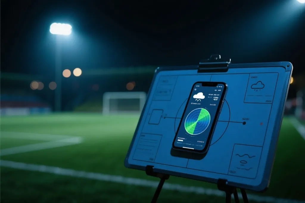 夜晚球场灯光下的战术笔记与天气信息叠加的视觉概念图