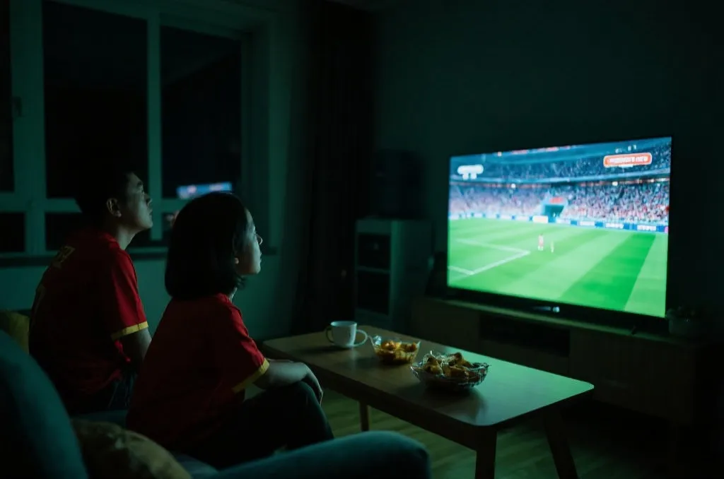 中国球迷在家中深夜看球,屏幕光映照出专注神情